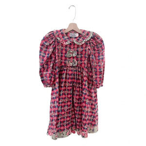 Vintage Mousefeathers Cottagecore Floral Ruffle Bow Kids Dress Long Sleeve Red